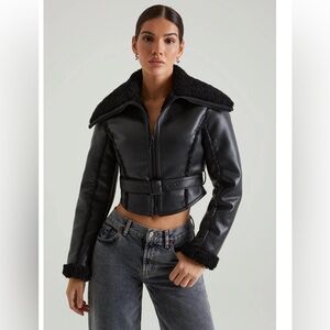 Oh Polly Jacket with Shearling Collar and Trim in Black